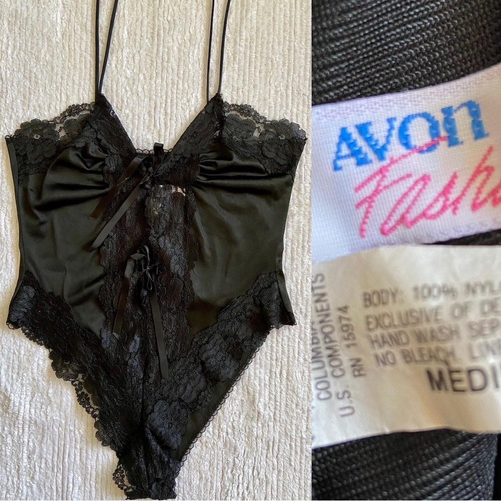 Vintage Black Teddie AVON Nylon Sheer Lace Tie Front Strappy Teddy Nightie